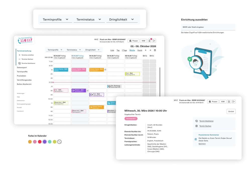 Screenshot der Terminverwaltungssoftware der 116117 für eine Arztpraxis mit Wochenkalender, Terminfiltern und farblich gekennzeichneten Terminen. Rechts ist ein Detailfenster zu einem ausgewählten Termin geöffnet.